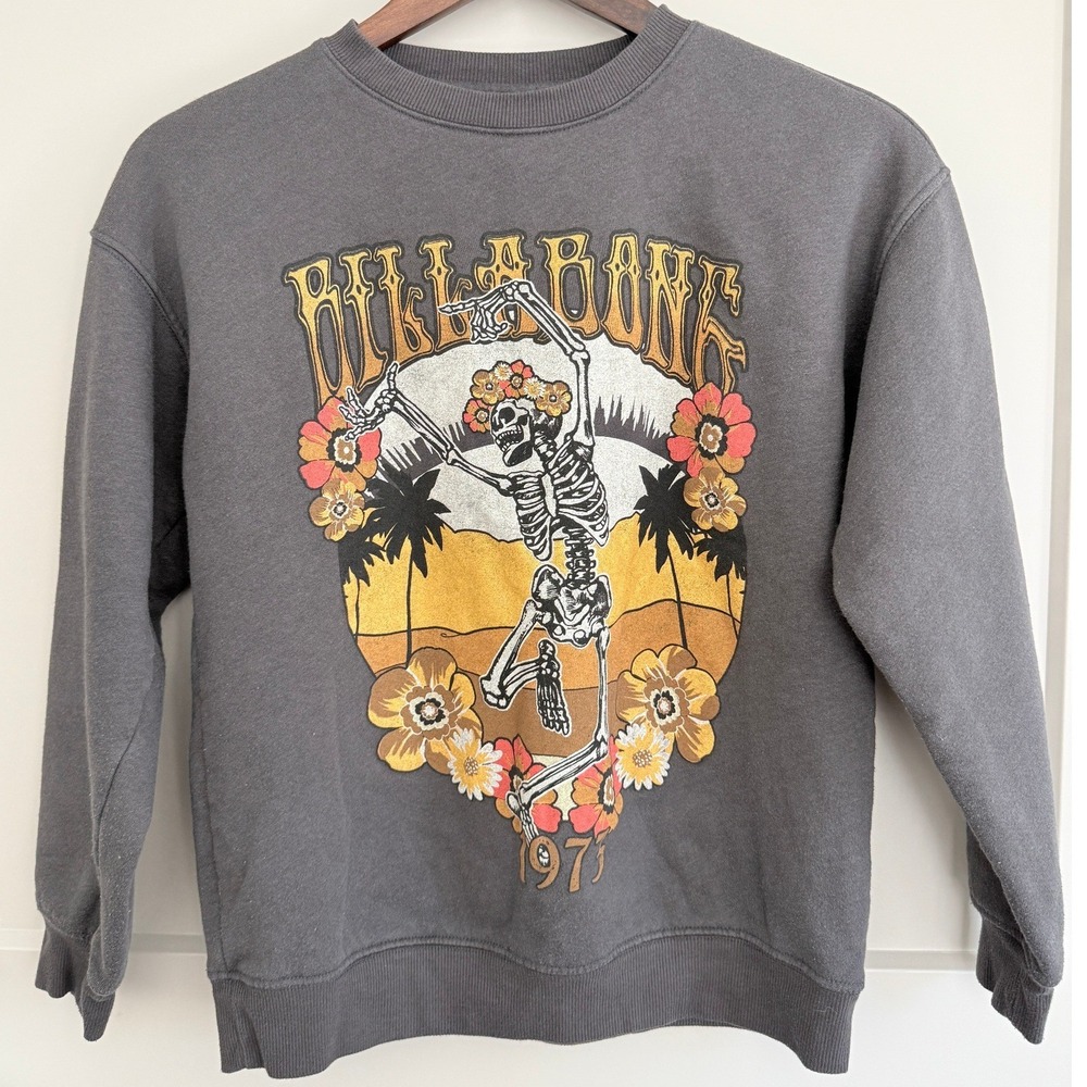 Billabong Energy & Wisdom Floral Skeleton Gray Graphic Sweatshirt size XS